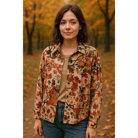 Women’s Boho Artsy Painterly Abstract Shirt Jacket Lagenlook Cottagecore Sz Lg - Picture 2 of 8